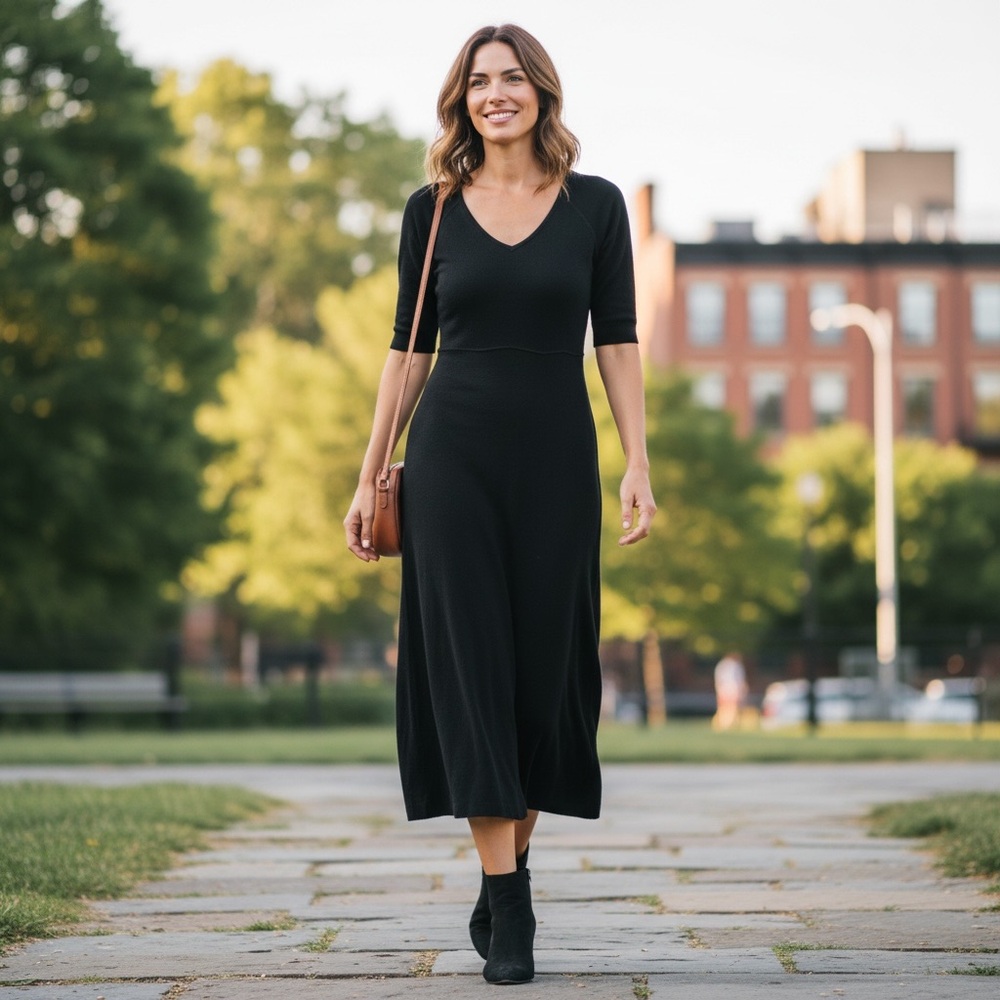 Peruvian Connection Black V-Neck Midi Dress 100% Pima Cotton Sz XS